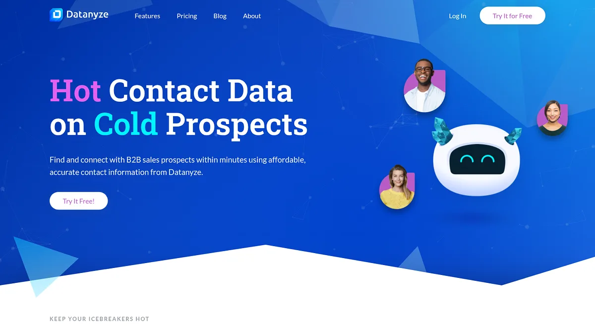 Datanyze homepage headlined Hot Contact Data on Cold Prospects