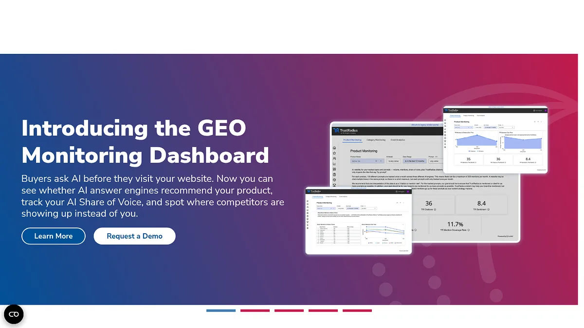 HG Insights homepage promoting its GEO Monitoring Dashboard for B2B search visibility