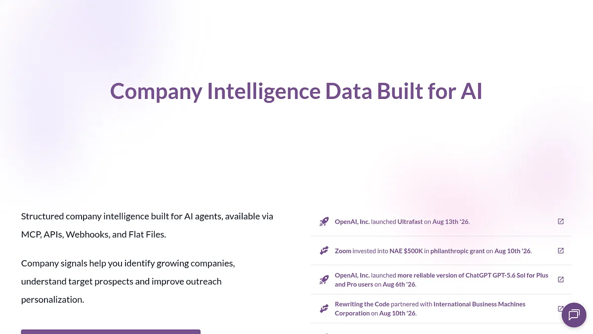 PredictLeads homepage describing structured company intelligence delivered via MCP, APIs and flat files