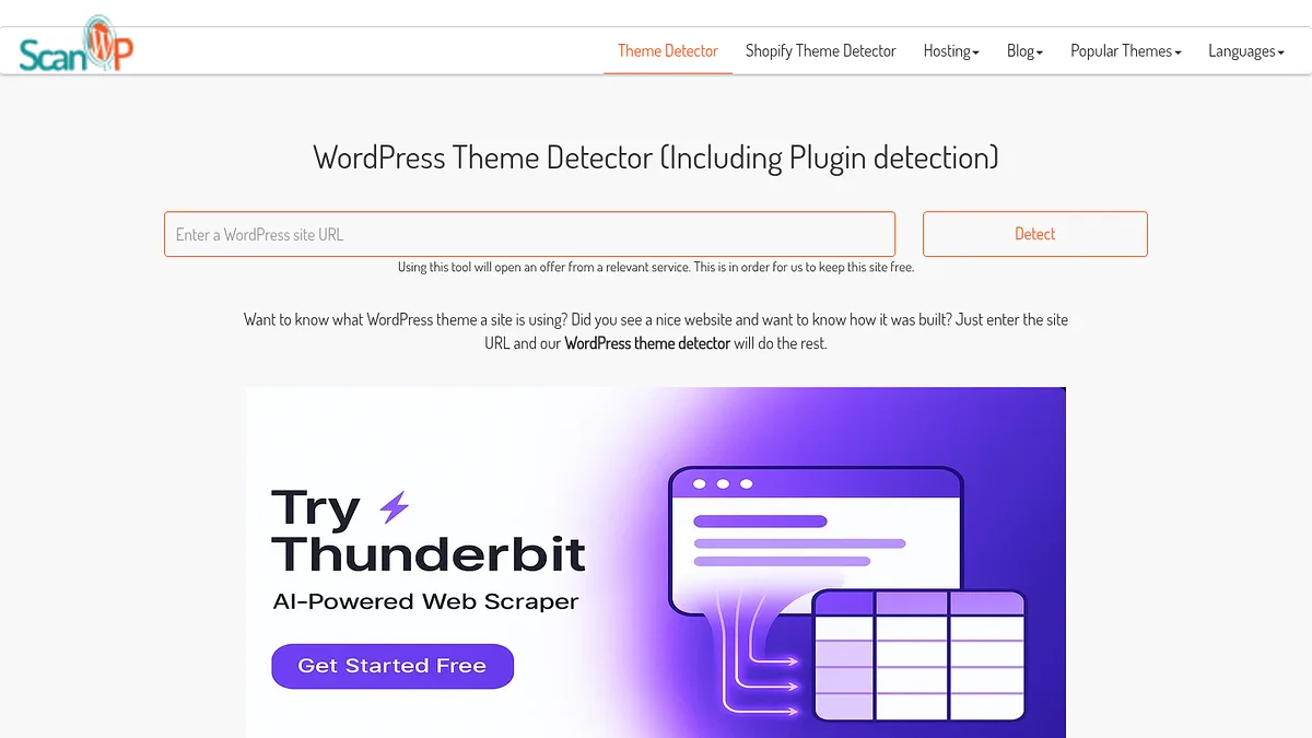 ScanWP WordPress theme detector homepage with a URL input for detecting themes and plugins