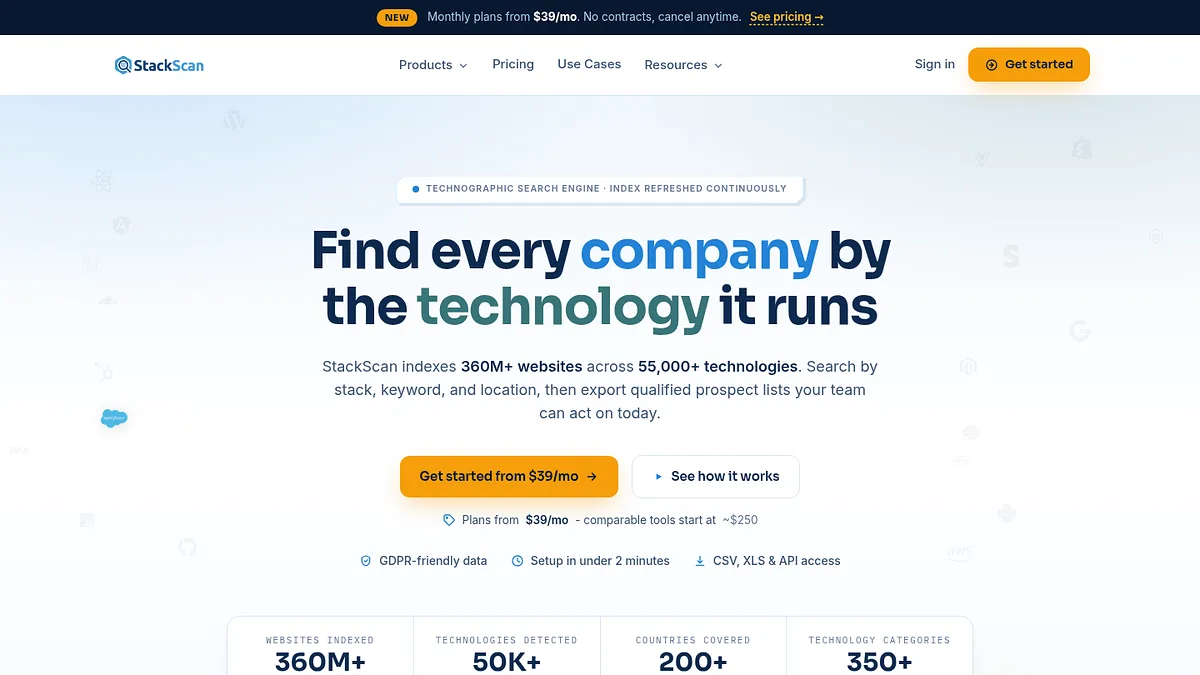 StackScan homepage showing technology search across 360M+ websites and 55,000+ technologies