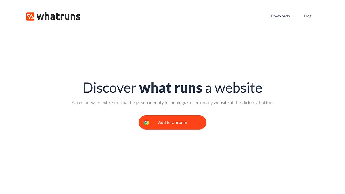 WhatRuns homepage offering a free browser extension that identifies website technologies
