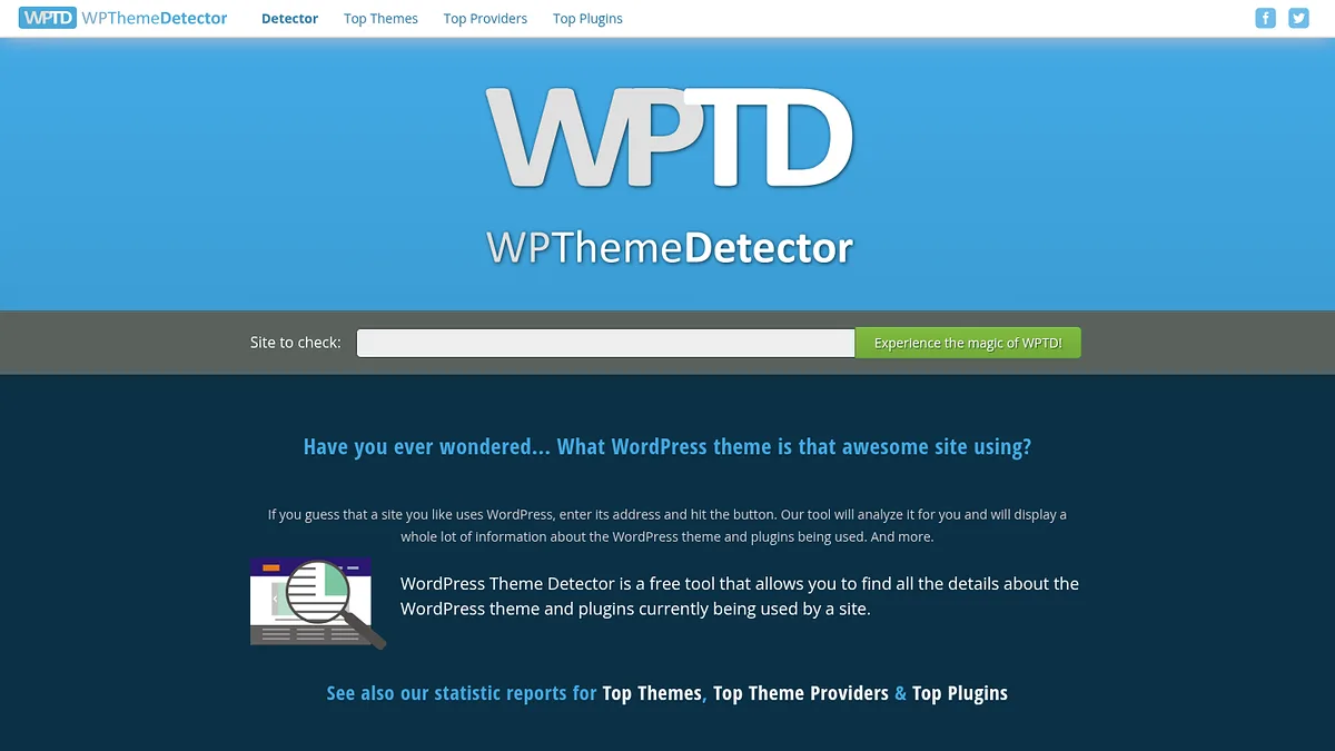 WPThemeDetector homepage with a site check box for identifying WordPress themes and plugins